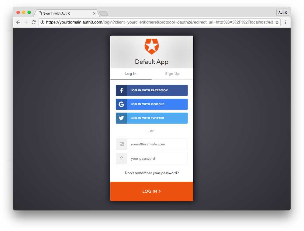 Auth0 hosted login screen