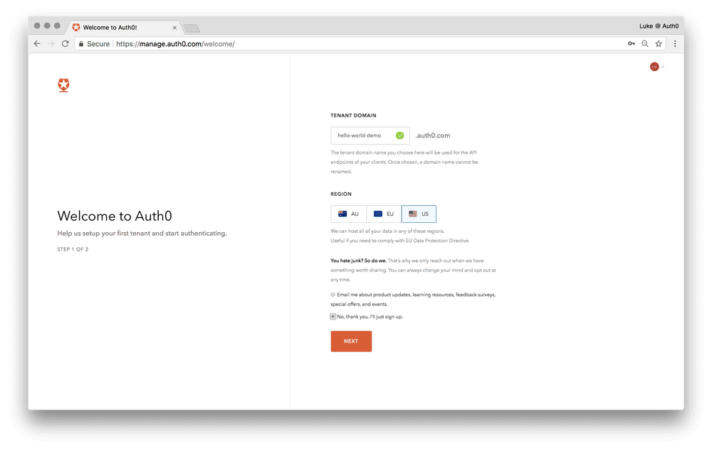 Sign up to Auth0 and create a new tenant